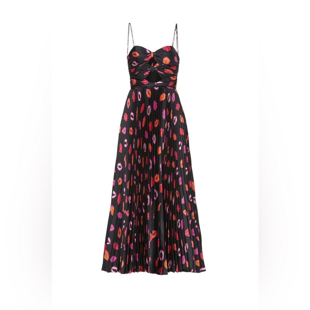 AMUR Afra Pleated Black Bisou Pink Red Lips Lip Kisses Midi Dress - Size 12 - Picture 3 of 5